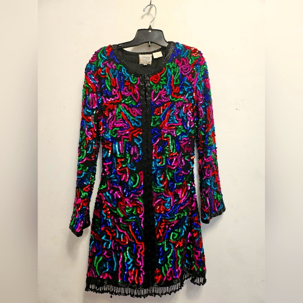 Vintage rainbow sequined jacket dress with fringe details